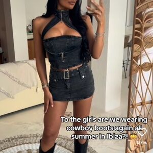 Edge Zipper Cutout Halter Denim Top & Belted Mini Skirt - Matching Set